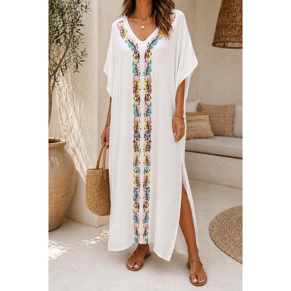 Boho Embroidered Caftan Dress One Size White Floral Maxi Beach Cover Up Resort